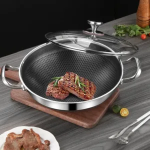Stainless Steel Pan, Cooking Pan, Double-sided Honeycomb Frying Pan, Non-stick Pan with Lid Induction Cooker Gas Stove Universal