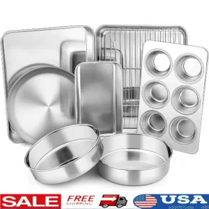 8-Piece Baking Pan Set Stainless Steel Bakeware Toaster Oven Cookie Sheet Cake Pan Lasagna Loaf Muffin Pizza Pan Dishwasher Safe