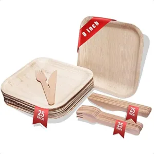 HABBIBI Bamboo Plates Disposable with cutlery 25 Forks and 25 Knives 8" Eco Friendly Palm leaf plates 100% Biodegradable and Co